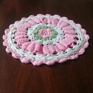 Vintage handmade knit pink green and white flower doily